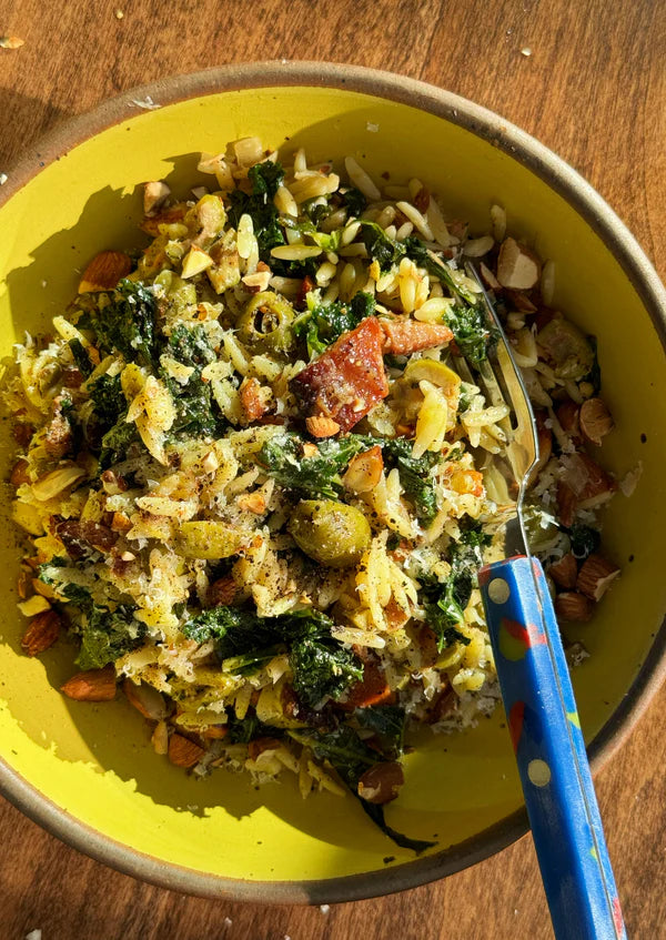 Trout Orzo with Kale, Green Olives, and Parmesan | Fishwife