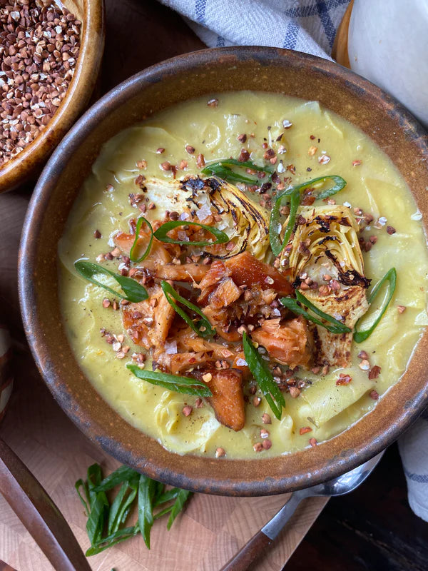 Lemon Artichoke Soup with Seared Smoked Salmon & Toasted Buckwheat