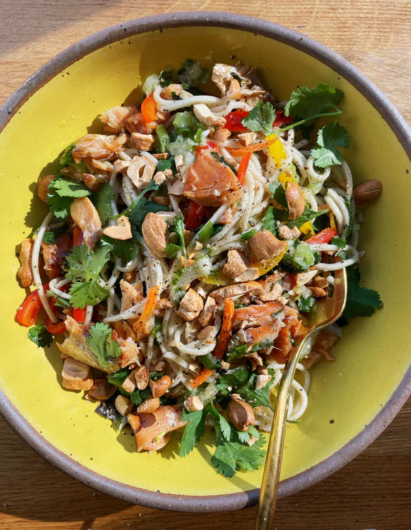 Rainbow Noodles with Umami Sauce and Smoked Salmon