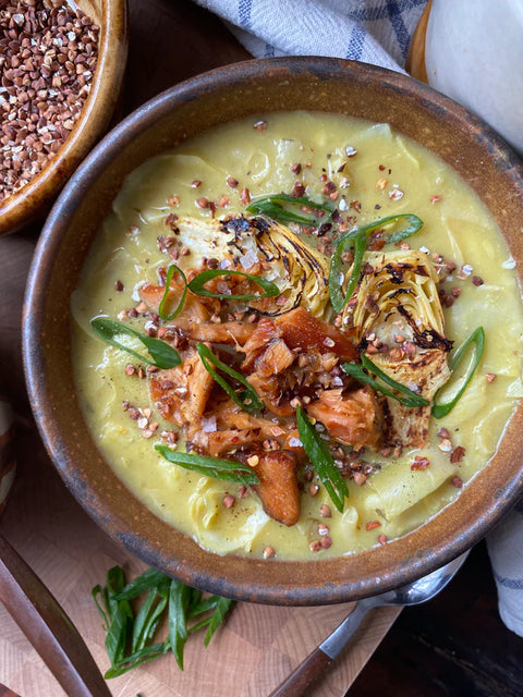 Lemon Artichoke Soup with Seared Smoked Salmon & Toasted Buckwheat