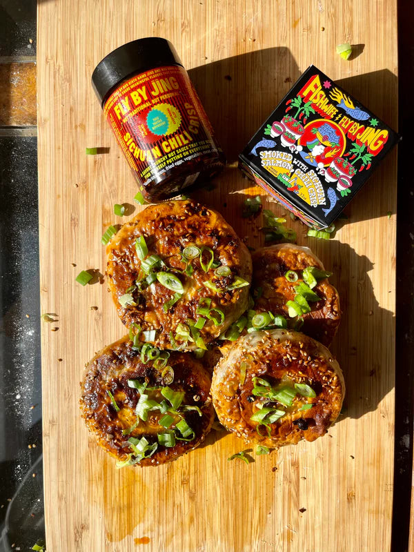 Stuffed salmon scallion pancakes