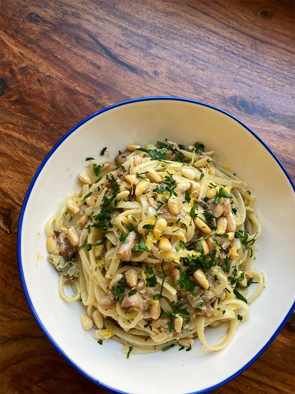Sardine Pasta with Lemon Zest and Pine Nuts